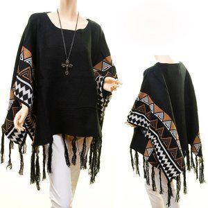 BK Western Texas Aztec Wool Fringed Sweater Poncho